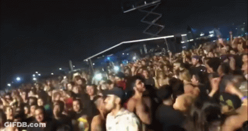 A Crowd Of People Are Gathered At A Concert And One Man Is Standing In The Middle Of The Crowd GIF