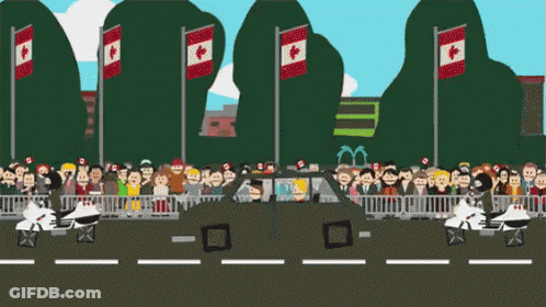 A Crowd Of People Are Gathered In Front Of A Car With Canadian Flags On The Poles GIF