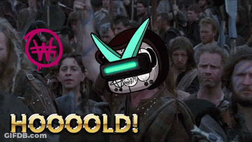 A Crowd Of People Are Gathered In Front Of A Sign That Says Hooold GIF