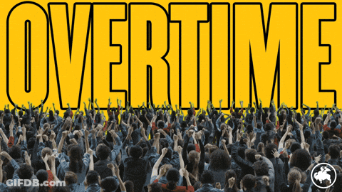 A Crowd Of People Are Gathered In Front Of A Yellow Background With The Word Overtime On It GIF