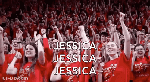A Crowd Of People Are Raising Their Fists In The Air And The Name Jessica Is On The Bottom Right GIF