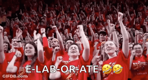 A Crowd Of People Are Raising Their Fists In The Air With The Words E-Lab-Orat-E Written Above Them GIF