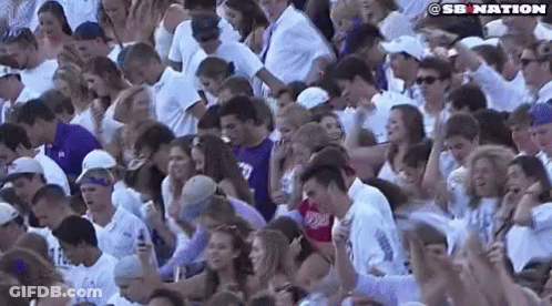 A Crowd Of People Are Sitting In A Stadium Watching A Game And The Word Nation Is On The Bottom Of The Screen . GIF