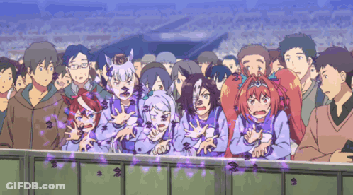 A Crowd Of People Are Watching A Race And One Of The Girls Is Wearing Purple GIF