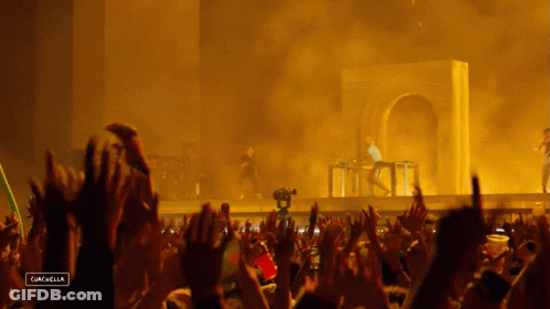 A Crowd Of People At A Concert With A Caption That Says " Cancella " GIF