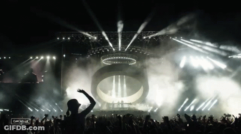 A Crowd Of People At A Concert With The Word Coachella On The Bottom Left GIF