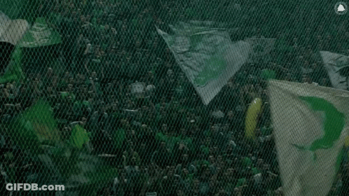 A Crowd Of People Behind A Fence With A Green Flag In The Foreground That Says Deusexboreae GIF