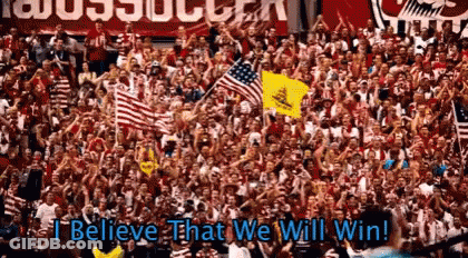 A Crowd Of People Cheering In A Stadium With The Words I Believe That We Will Win GIF