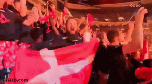 A Crowd Of People Holding A Red And White Flag In A Stadium . GIF