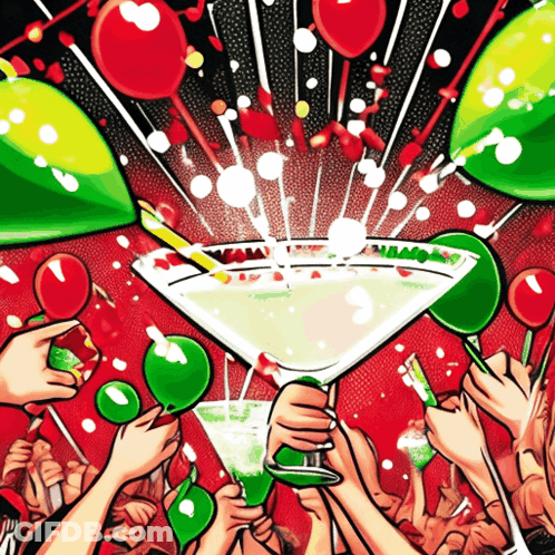 A Crowd Of People Holding Martini Glasses With Balloons And Confetti In The Background GIF