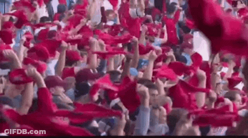 A Crowd Of People Holding Red Scarves In The Air At A Soccer Game . GIF
