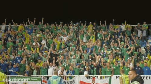 A Crowd Of People In A Stadium With A Banner That Says Newtownards Gawa GIF