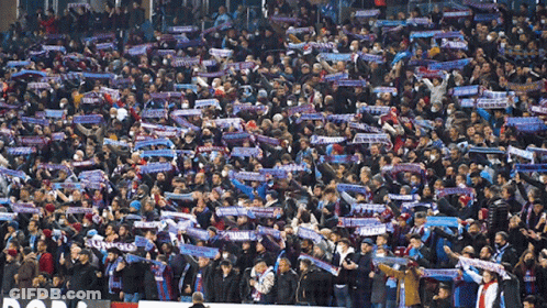 A Crowd Of People In A Stadium With A Scarf That Says ' Tivoli ' On It GIF