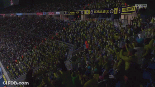 A Crowd Of People In A Stadium With Fenerbahce Banners On The Wall GIF