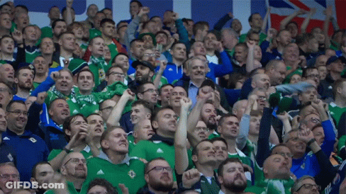 A Crowd Of People In A Stadium With One Wearing A Green Shirt That Says Adidas GIF