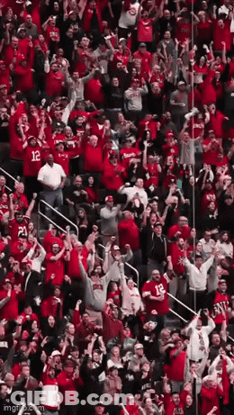 A Crowd Of People In Red Shirts Are Standing In A Stadium Watching A Game . GIF