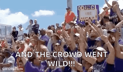 A Crowd Of People Standing In A Stadium With The Words `` And The Crowd Went Wild '' Written On The Screen . GIF