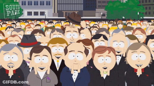 A Crowd Of People Standing In Front Of A South Park Sign GIF