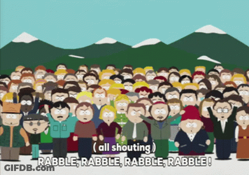 A Crowd Of People Standing In Front Of Mountains With The Words All Shouting Rabble Rabble Rabble Rabble On The Bottom GIF
