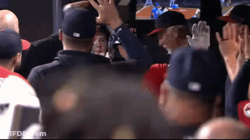 A Crowd Of People Watching A Baseball Game With A Man Wearing A Hat That Says ' Mlb ' On It GIF