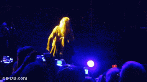 A Crowd Of People Watching A Concert With A Blue Light In The Background GIF