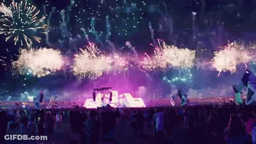 A Crowd Of People Watching A Fireworks Display With The Word Jets In The Foreground GIF