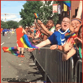 A Crowd Of People Watching A Parade Holding Rainbow Colored Flags GIF