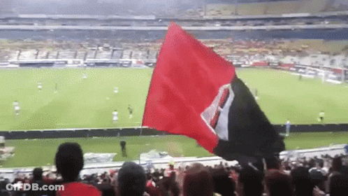 A Crowd Of People Watching A Soccer Game With A Red And Black Flag Flying In The Foreground GIF