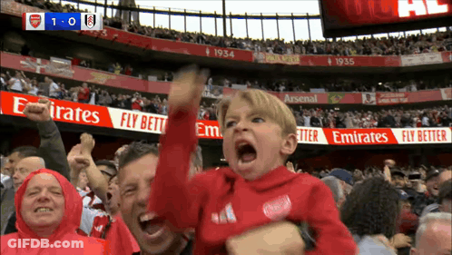 A Crowd Of People Watching A Soccer Game With An Emirates Ad In The Background GIF