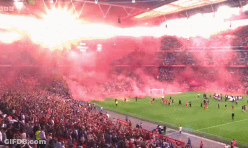 A Crowd Of People Watching A Soccer Game With Bbc Written On The Bottom GIF