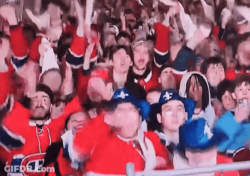 A Crowd Of People Wearing Red Jerseys With The Letter E On The Front GIF
