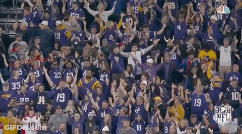 A Crowd Of People Wearing Vikings Jerseys Are Watching A Football Game GIF