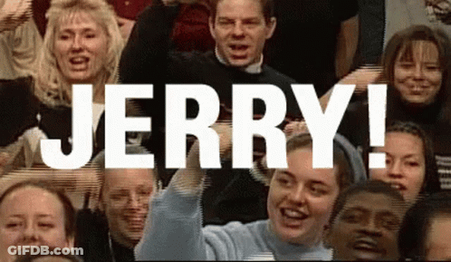 A Crowd Of People With The Word Jerry In White GIF