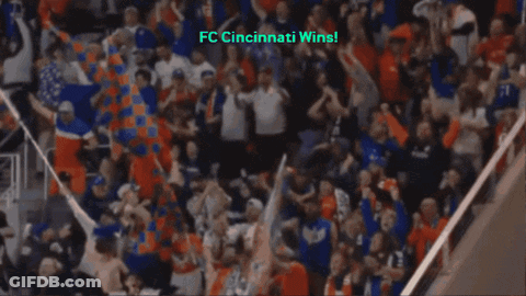 A Crowd Of People With The Words Fc Cincinnati Wins On The Top GIF