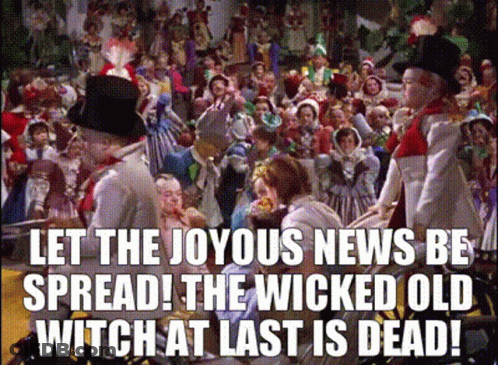 A Crowd Of People With The Words Let The Joyous News Be Spread ! The Wicked Old Witch At Last Is Dead ! GIF