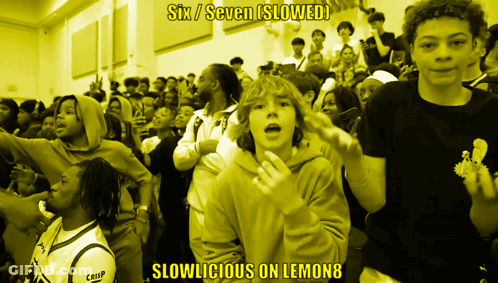 A Crowd Of People With The Words Six / Seven ( Slowed ) Slowlicious On Lemon8 Below Them GIF