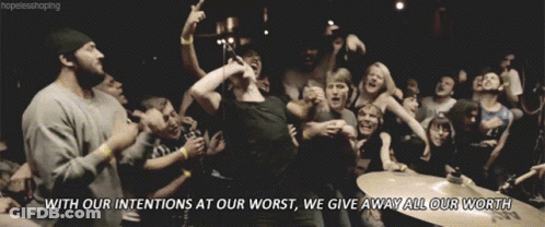 A Crowd Of People With The Words With Our Intentions At Our Worst GIF