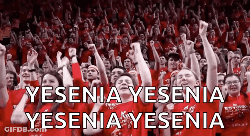 A Crowd Of People With Their Fists In The Air And The Words Yesenia Yesenia Yesenia GIF