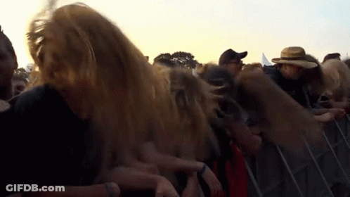 A Crowd Of People With Their Hair Blowing In The Wind At A Music Festival GIF