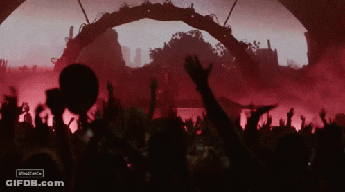 A Crowd Of People With Their Hands In The Air And A Sign That Says Stagemac GIF