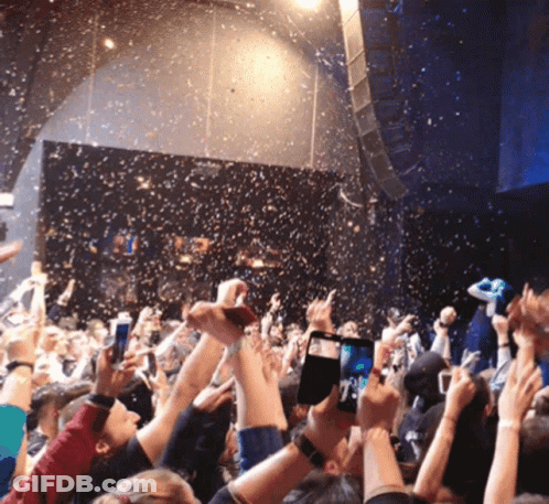 A Crowd Of People With Their Hands In The Air Taking Pictures GIF