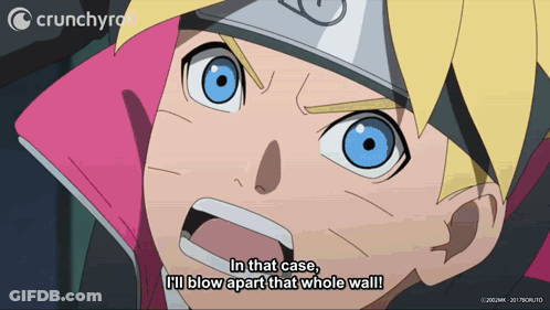 A Crunchyroll Advertisement With A Cartoon Character Saying " In That Case I 'Ll Blow Apart That Whole Wall ! " GIF