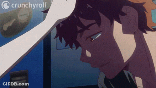 A Crunchyroll Logo Can Be Seen In The Background Of A Man 'S Face GIF