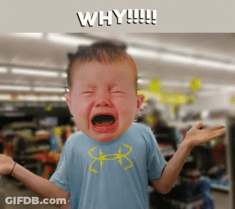 A Crying Baby Wearing A Blue Under Armour Shirt Says Why !!! GIF