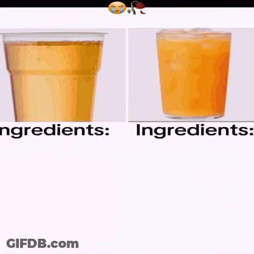 A Cup Of Apple Juice Next To A Cup Of Orange Juice With The Ingredients Listed GIF