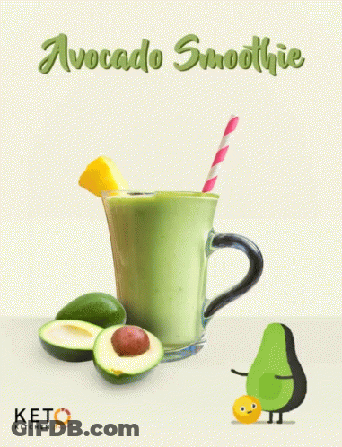 A Cup Of Avocado Smoothie With A Straw And A Cartoon Avocado GIF
