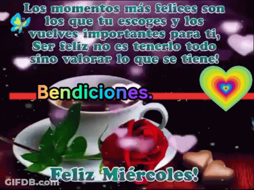 A Cup Of Coffee And A Rose On A Saucer With The Words Bendiciones On It GIF