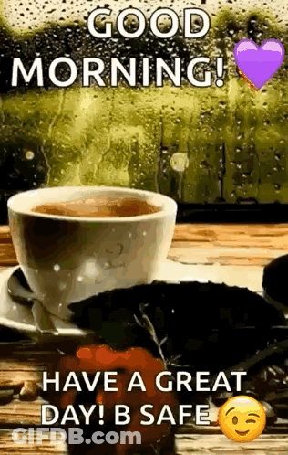 A Cup Of Coffee And A Strawberry On A Saucer On A Table With A Good Morning Message . GIF