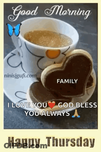 A Cup Of Coffee And Two Heart Shaped Cookies On A Saucer With A Good Morning Message . GIF