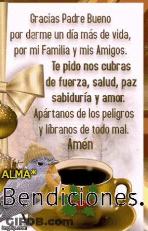A Cup Of Coffee Is On A Saucer Next To A Bird And A Sign That Says Bendiciones GIF